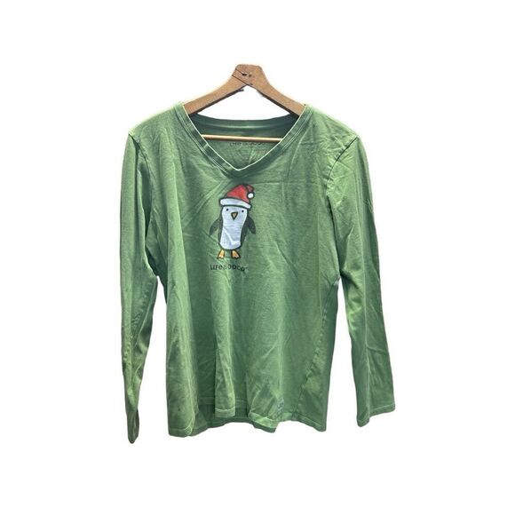 Life is Good Large (L) Penguin Santa Hat V Neck Soft Olive Green Long Sleeve - Picture 1 of 6